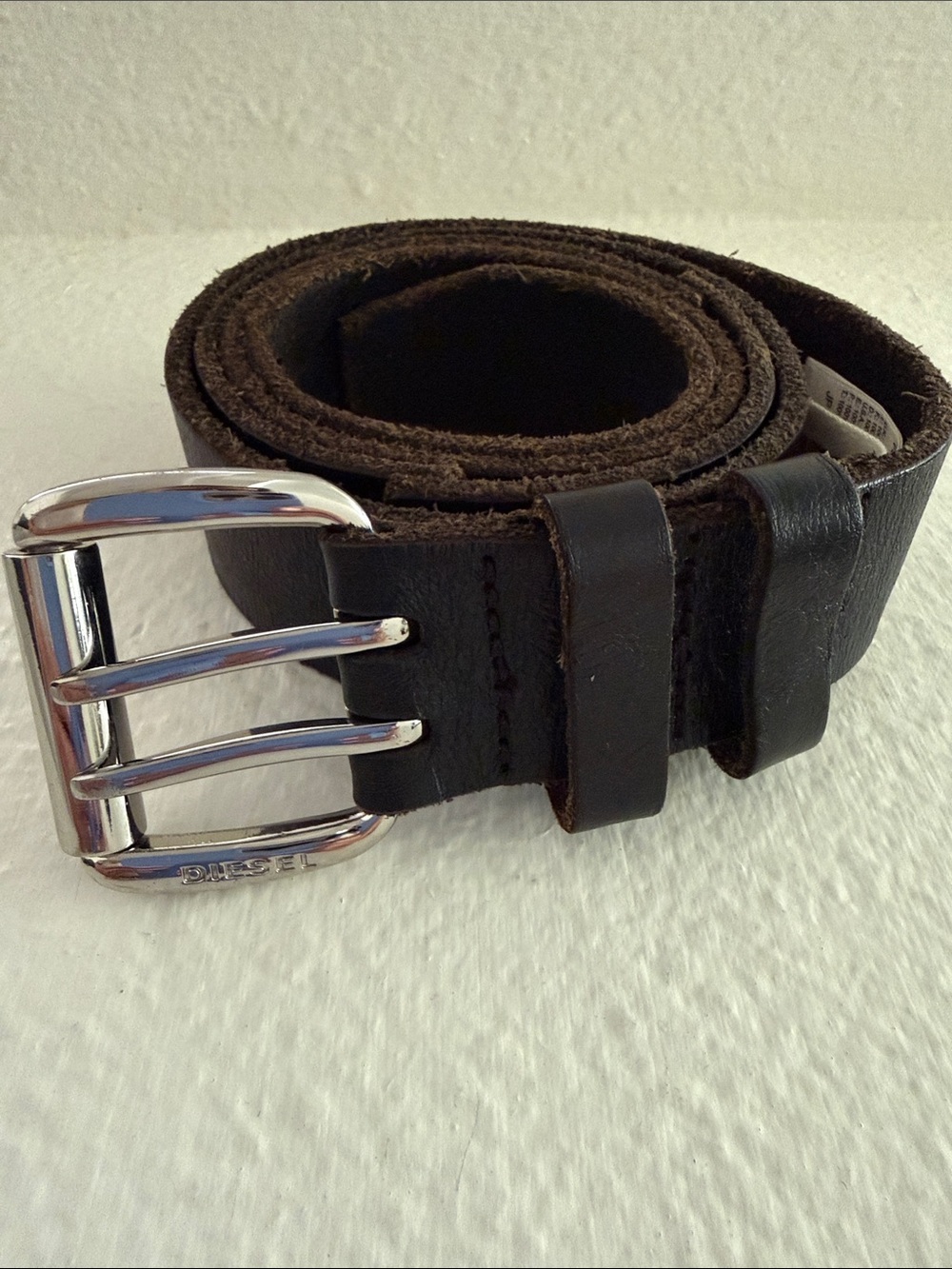 Diesel Dark Brown Leather Men’s Belt with Silver Doubke-Prong Buckle sz 105/42